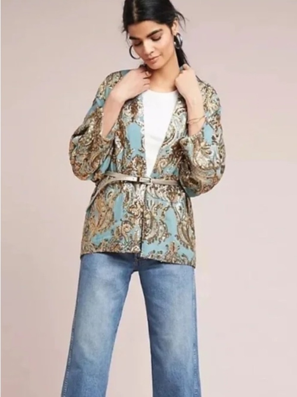 Anthropologie Ettawa‎ Sequins Turquoise and Gold Toned